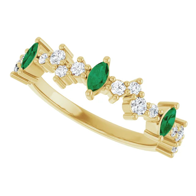 1.25ctw Marquee Shape Emeralds and Round Diamond Anniversary Band 14k Yellow Gold