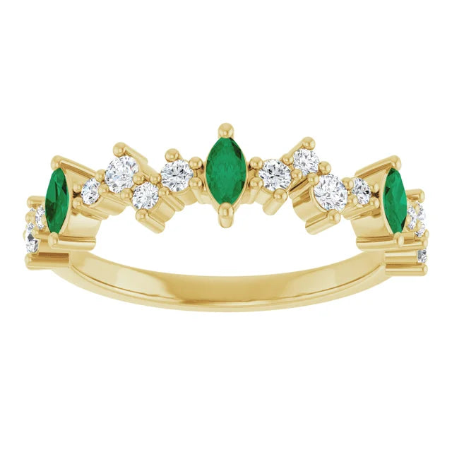 1.25ctw Marquee Shape Emeralds and Round Diamond Anniversary Band 14k Yellow Gold