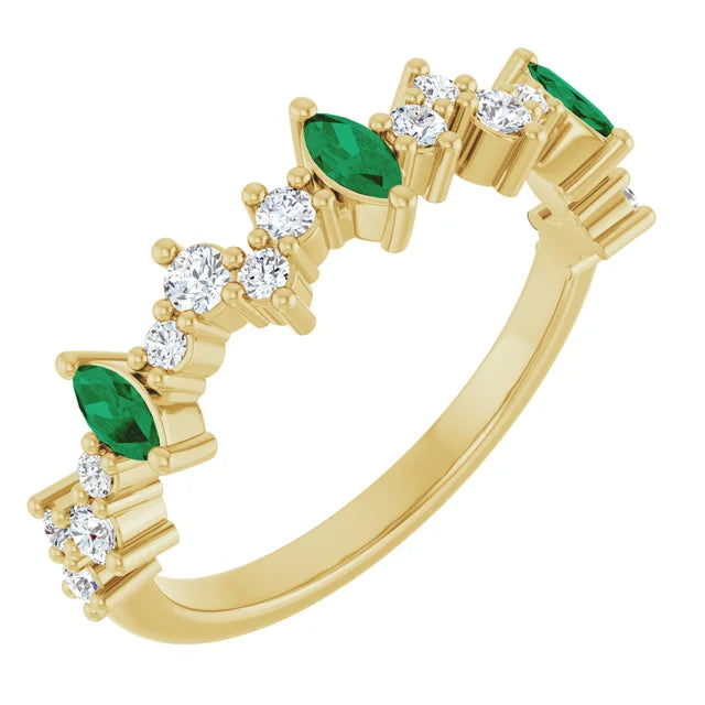 1.25ctw Marquee Shape Emeralds and Round Diamond Anniversary Band 14k Yellow Gold
