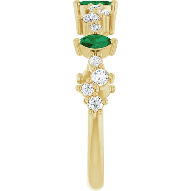 1.25ctw Marquee Shape Emeralds and Round Diamond Anniversary Band 14k Yellow Gold