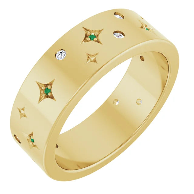 14k 1.25ct Yellow Gold Band Accented with Diamonds and Emeralds