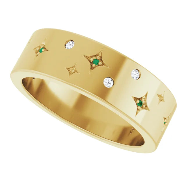 14k 1.25ct Yellow Gold Band Accented with Diamonds and Emeralds